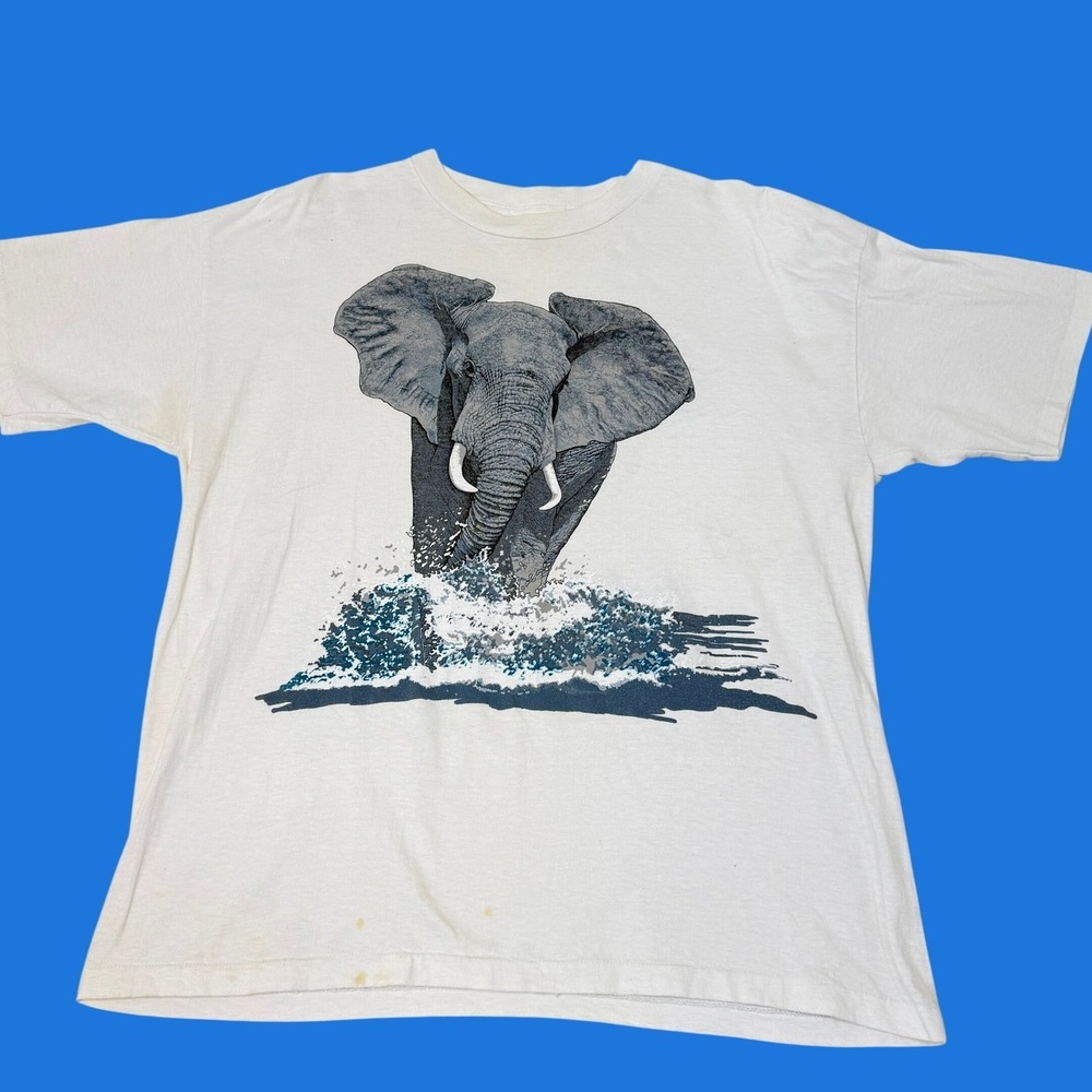 Vintage 80s Harlequin Elephant Double Sided Single Stitch T Shirt Large White